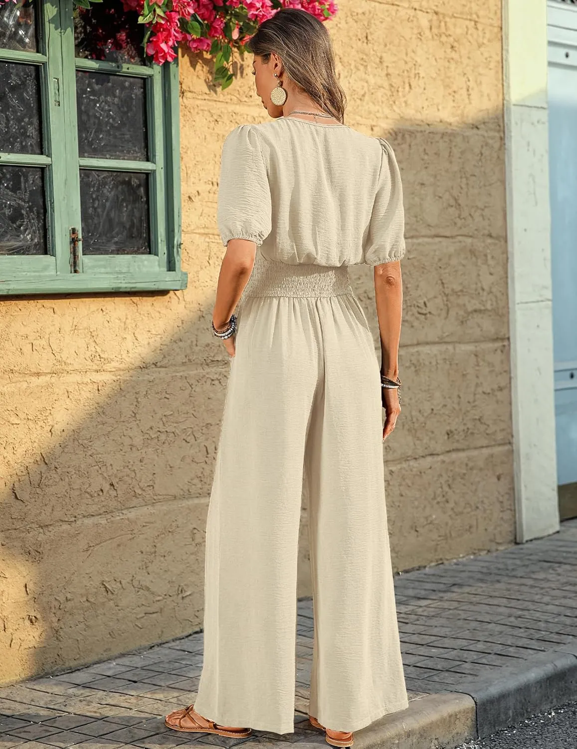 Womens Jumpsuits Short Sleeve V Neck Dressy Casual Wide Leg Pants Romper 2025 Summer One Piece Outfits