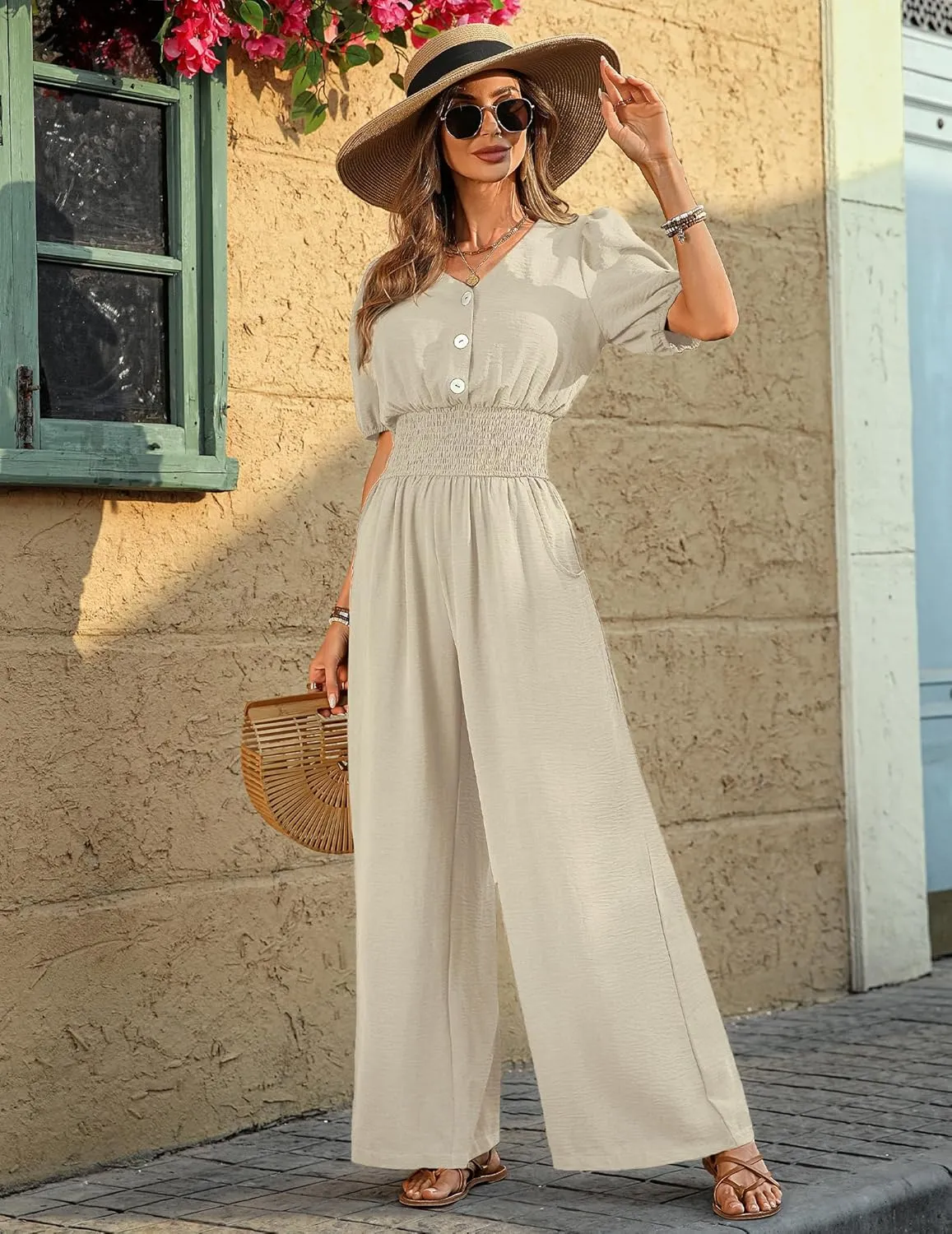 Womens Jumpsuits Short Sleeve V Neck Dressy Casual Wide Leg Pants Romper 2025 Summer One Piece Outfits
