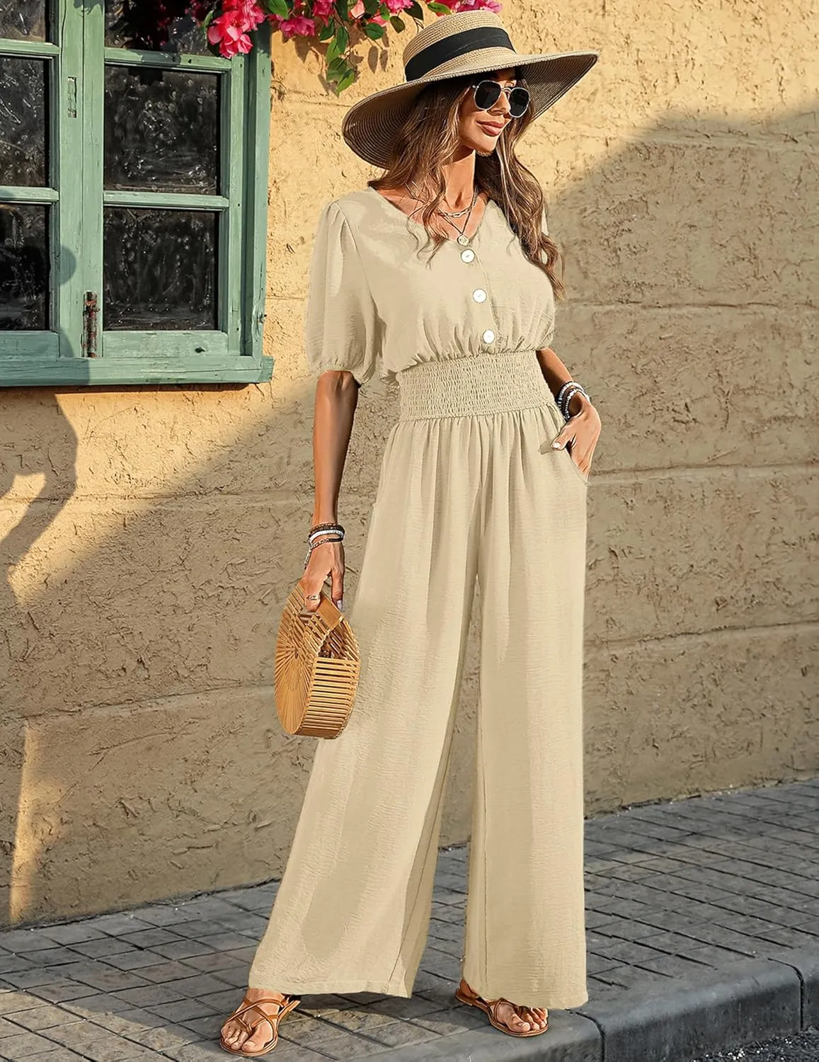 Womens Jumpsuits Short Sleeve V Neck Dressy Casual Wide Leg Pants Romper 2025 Summer One Piece Outfits