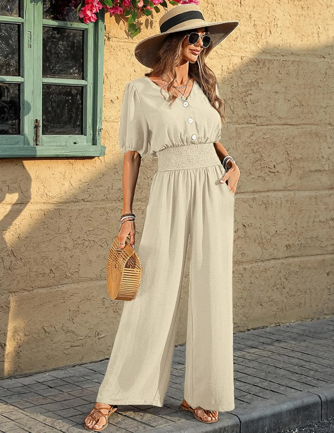 Womens Jumpsuits Short Sleeve V Neck Dressy Casual Wide Leg Pants Romper 2025 Summer One Piece Outfits