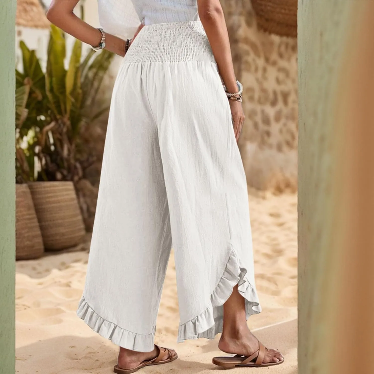 Womens Linen Cotton Palazzo Pants Summer Wide Leg High Waist Trouser Lounge Beach Vacation Flowy Pants with Pockets