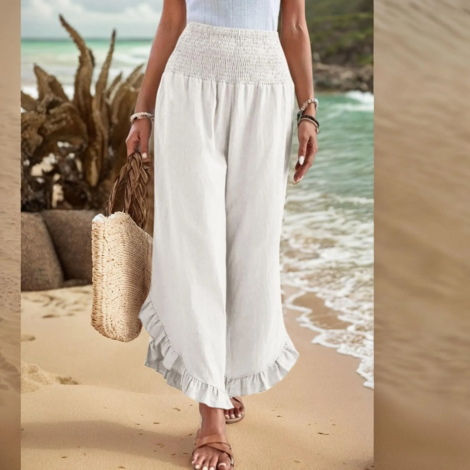 Womens Linen Cotton Palazzo Pants Summer Wide Leg High Waist Trouser Lounge Beach Vacation Flowy Pants with Pockets