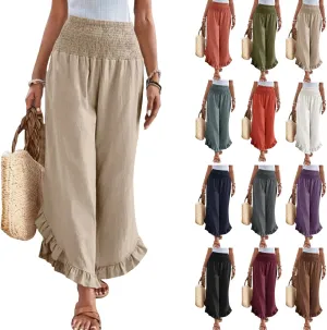 Womens Linen Cotton Palazzo Pants Summer Wide Leg High Waist Trouser Lounge Beach Vacation Flowy Pants with Pockets