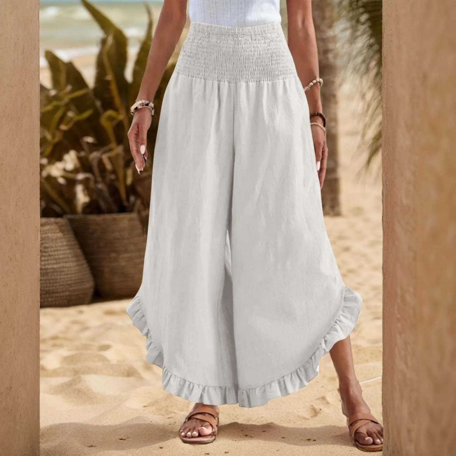 Womens Linen Cotton Palazzo Pants Summer Wide Leg High Waist Trouser Lounge Beach Vacation Flowy Pants with Pockets