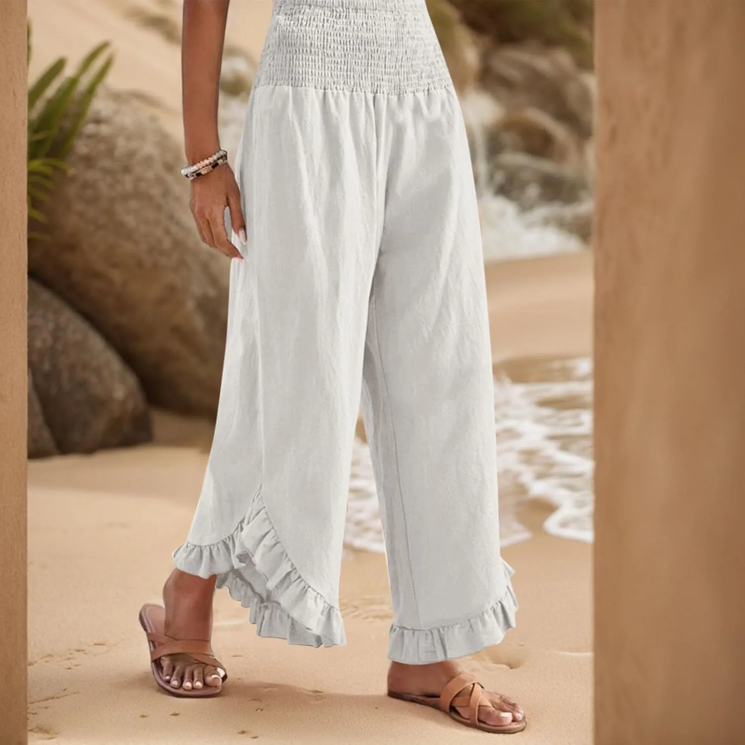 Womens Linen Cotton Palazzo Pants Summer Wide Leg High Waist Trouser Lounge Beach Vacation Flowy Pants with Pockets