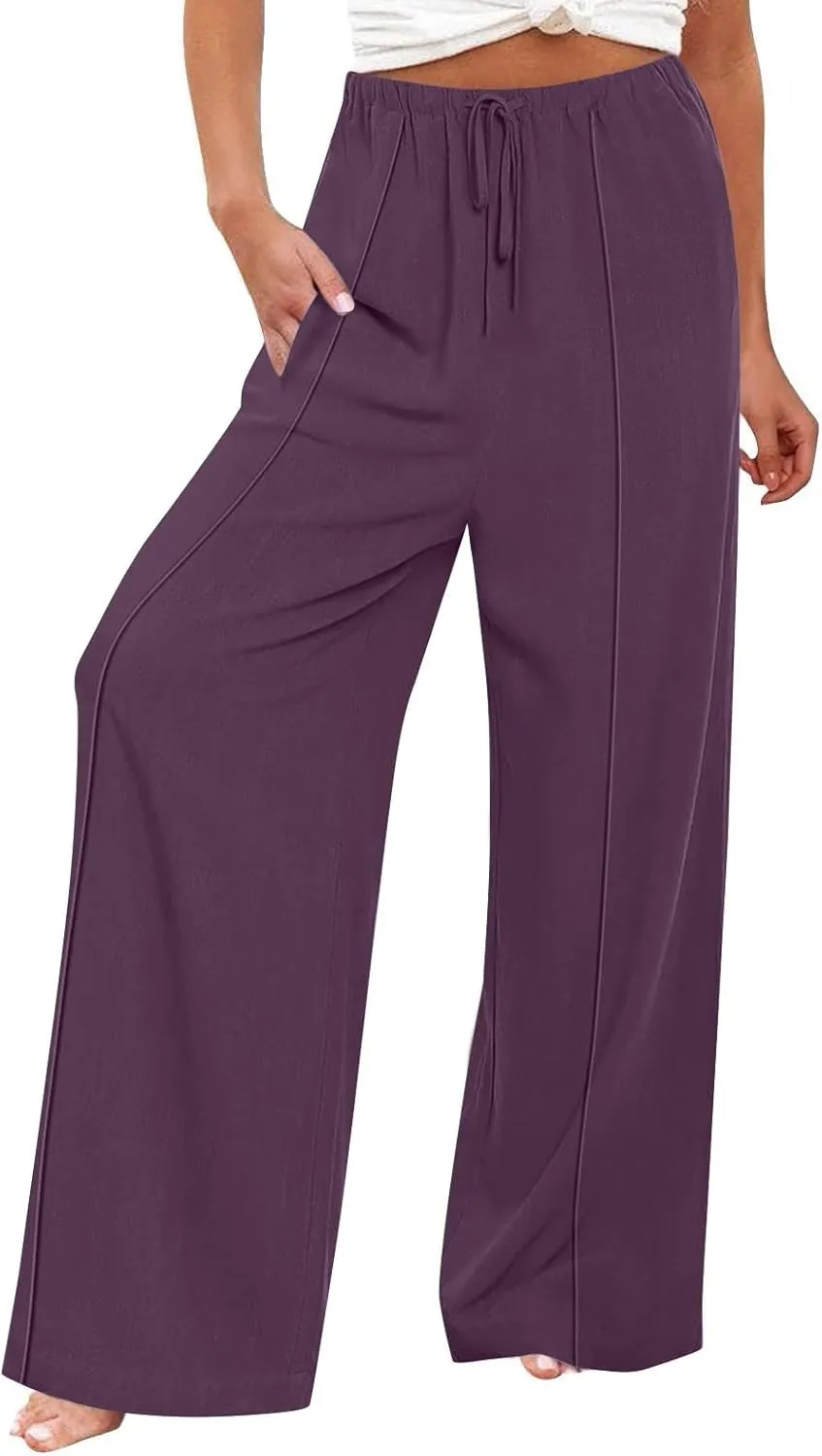 Women's Linen Palazzo Pants Loose Fit Comfy Wide Leg Pants Summer Drawstring Elastic Waist Lounge Pants with Pockets