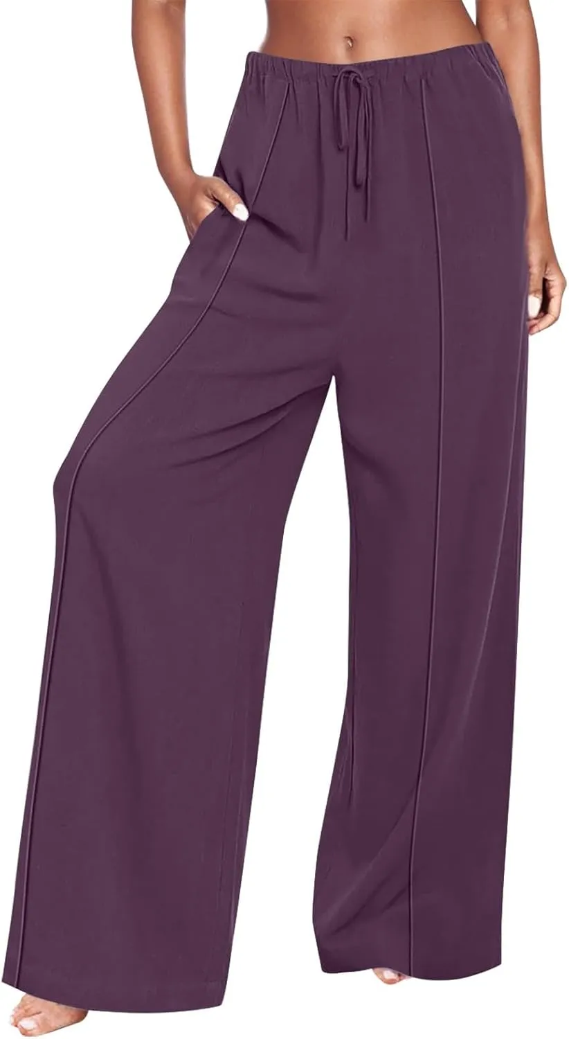 Women's Linen Palazzo Pants Loose Fit Comfy Wide Leg Pants Summer Drawstring Elastic Waist Lounge Pants with Pockets
