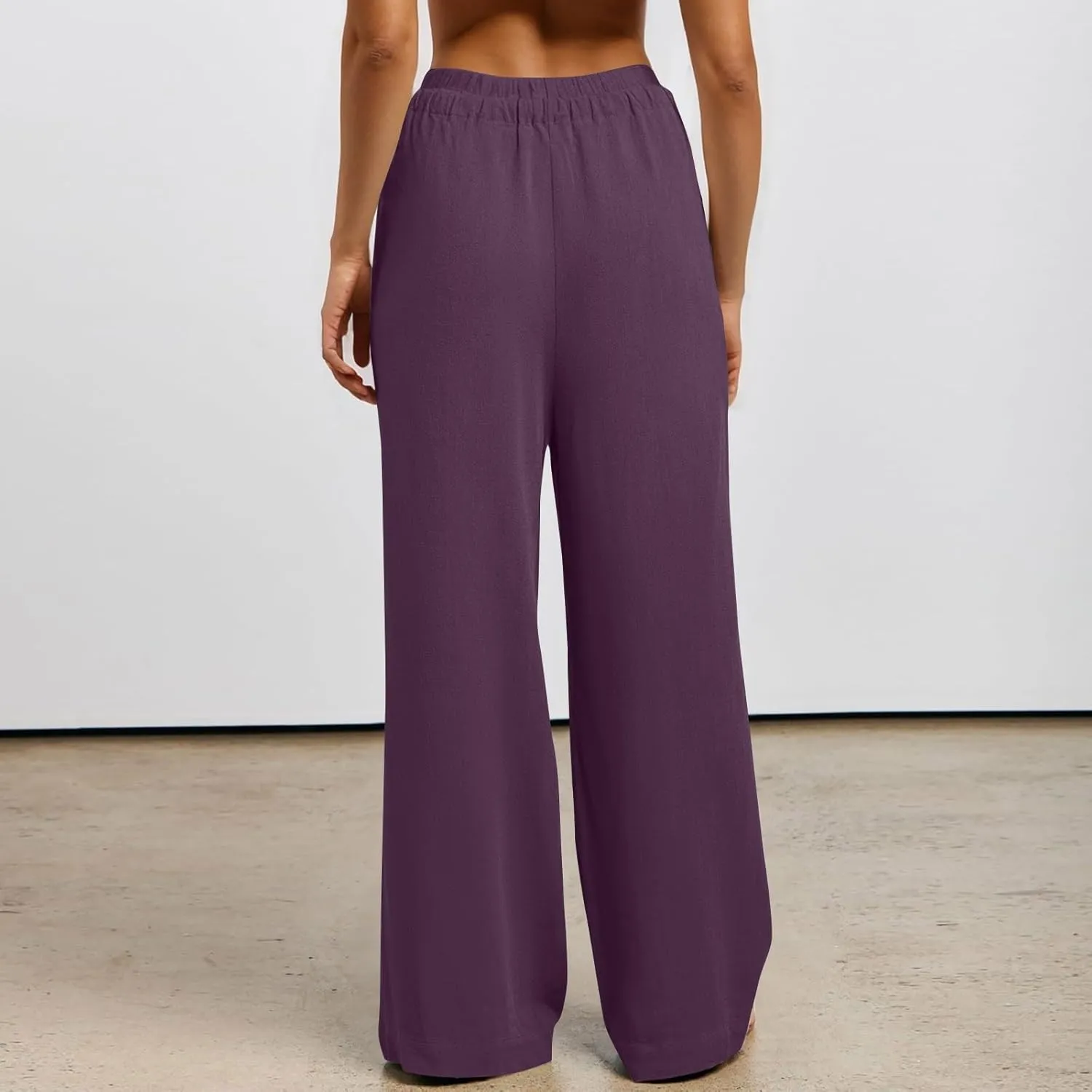 Women's Linen Palazzo Pants Loose Fit Comfy Wide Leg Pants Summer Drawstring Elastic Waist Lounge Pants with Pockets