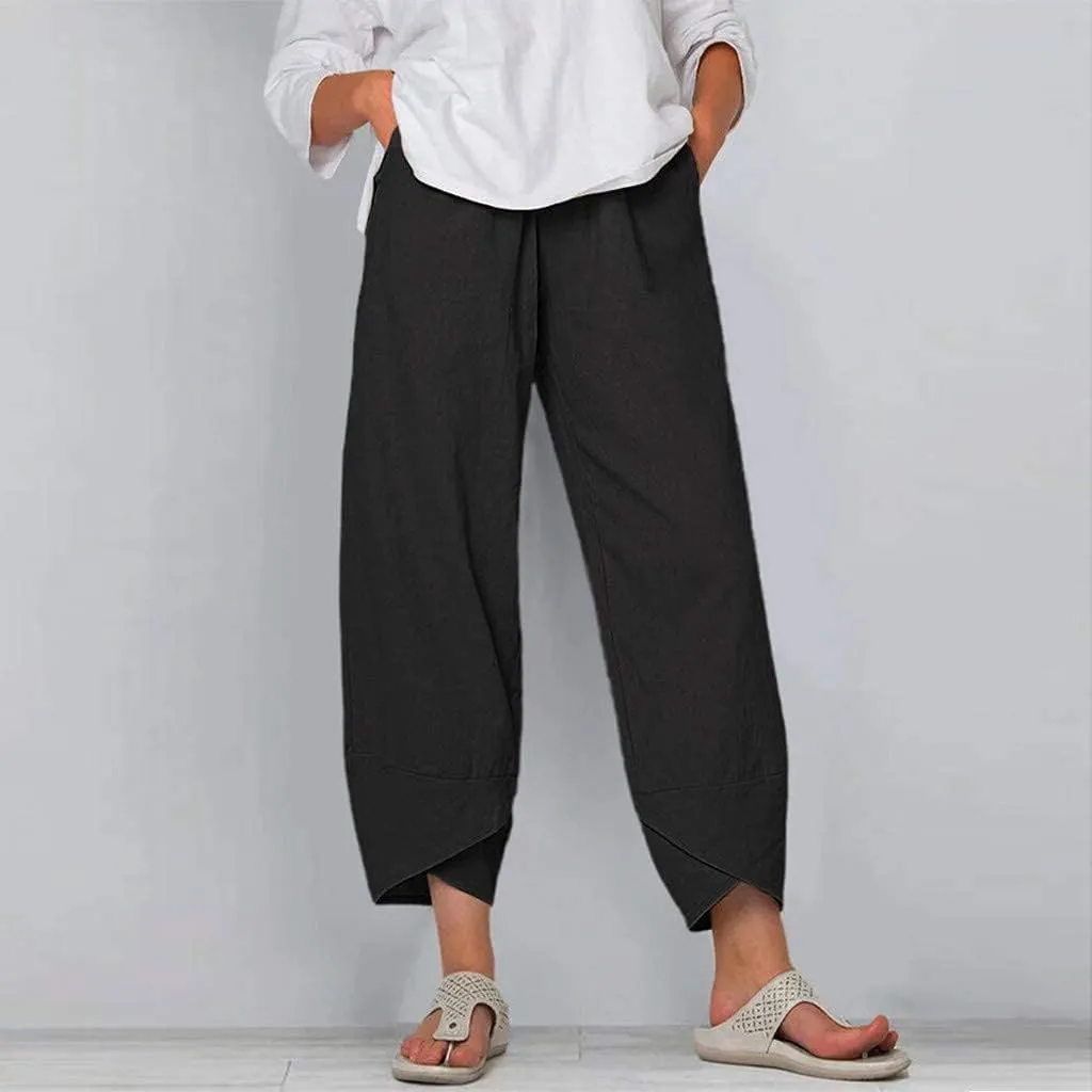 Womens Linen Pants Capri Boho Wide Leg Pant Summer Flowy Vintage Floral Dandelion Cotton Cropped Trousers with Pockets