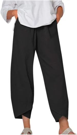Womens Linen Pants Capri Boho Wide Leg Pant Summer Flowy Vintage Floral Dandelion Cotton Cropped Trousers with Pockets