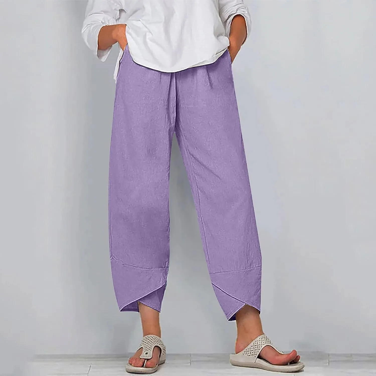 Womens Linen Pants Capri Boho Wide Leg Pant Summer Flowy Vintage Floral Dandelion Cotton Cropped Trousers with Pockets