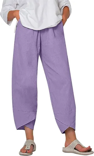 Womens Linen Pants Capri Boho Wide Leg Pant Summer Flowy Vintage Floral Dandelion Cotton Cropped Trousers with Pockets