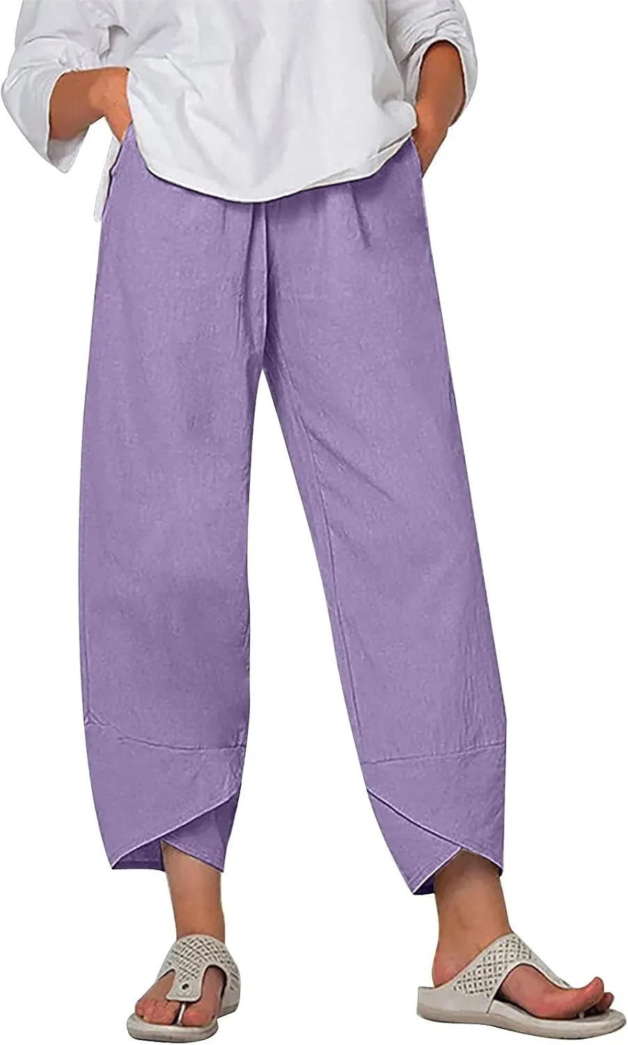 Womens Linen Pants Capri Boho Wide Leg Pant Summer Flowy Vintage Floral Dandelion Cotton Cropped Trousers with Pockets