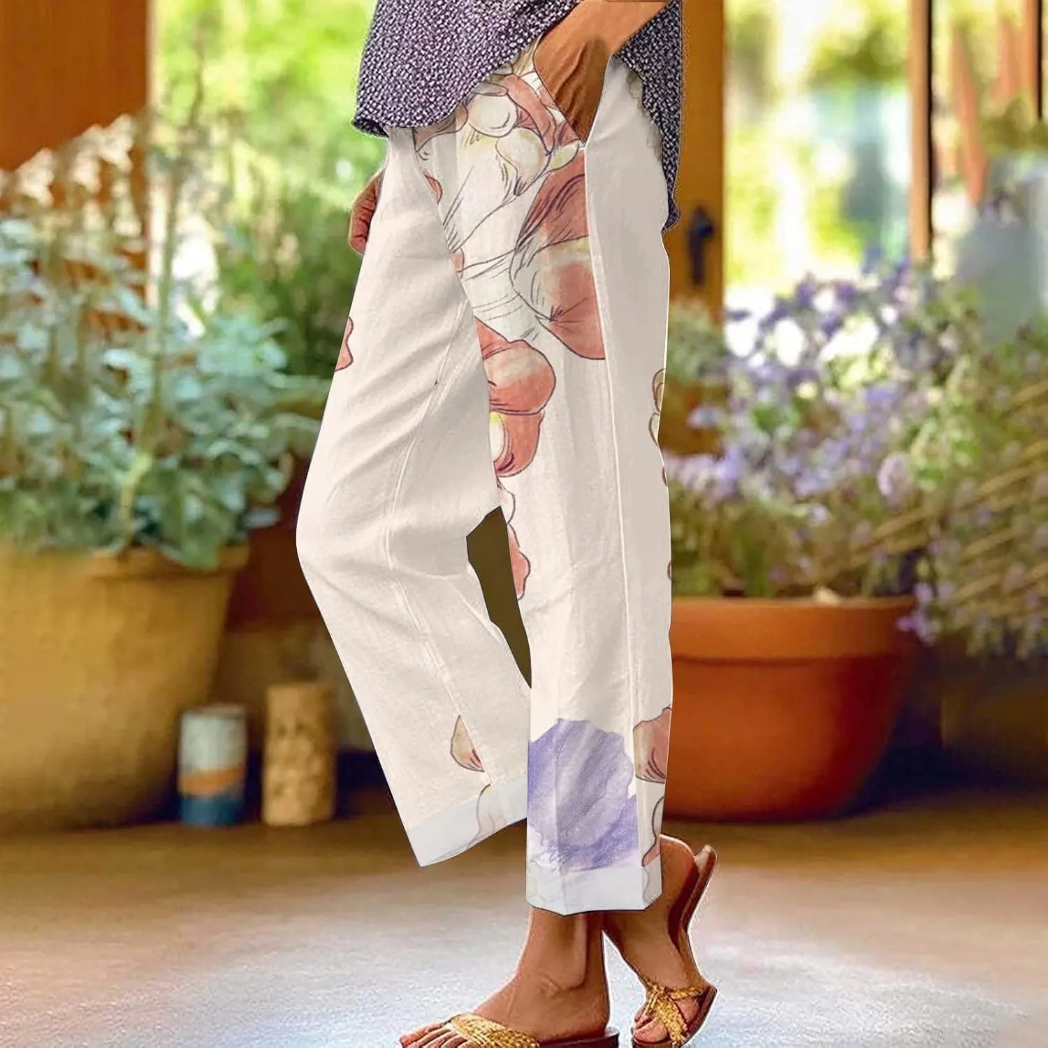 Women's Linen Pants Casual Boho Floral Elastic High Waisted Wide Leg Plus Size Trousers Summer Trendy Beach Pants