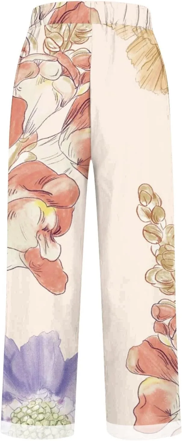 Women's Linen Pants Casual Boho Floral Elastic High Waisted Wide Leg Plus Size Trousers Summer Trendy Beach Pants