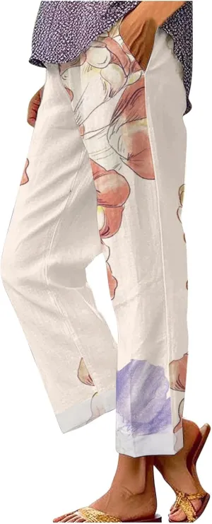 Women's Linen Pants Casual Boho Floral Elastic High Waisted Wide Leg Plus Size Trousers Summer Trendy Beach Pants