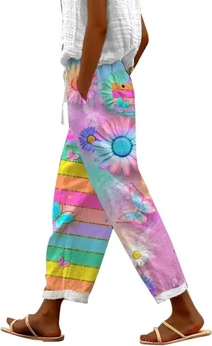 Women's Linen Pants Casual Boho Floral Elastic High Waisted Wide Leg Plus Size Trousers Summer Trendy Beach Pants