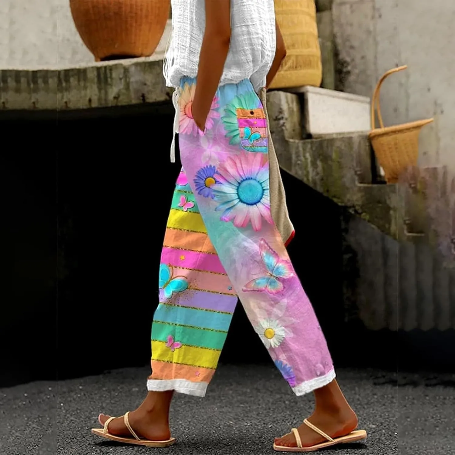Women's Linen Pants Casual Boho Floral Elastic High Waisted Wide Leg Plus Size Trousers Summer Trendy Beach Pants