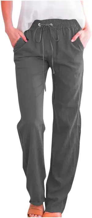 Womens Linen Pants Casual Loose Elastic Waist Drawstring Trousers Trendy Straight Leg Lounge Pants with Pockets