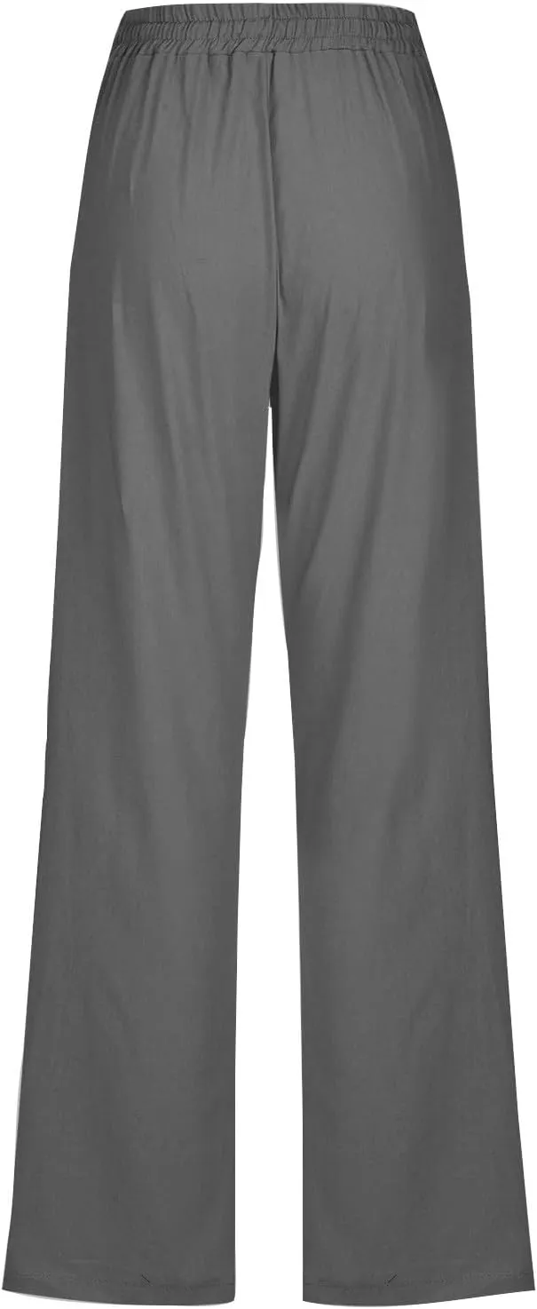 Womens Linen Pants Casual Loose Elastic Waist Drawstring Trousers Trendy Straight Leg Lounge Pants with Pockets