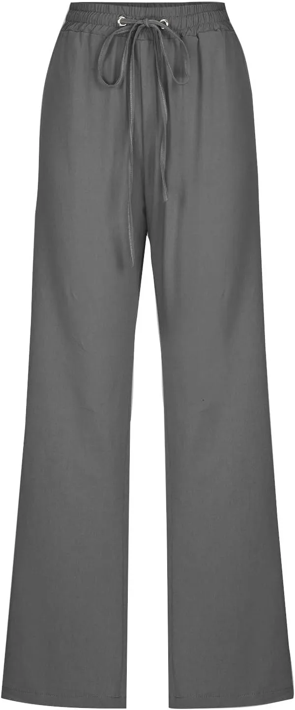 Womens Linen Pants Casual Loose Elastic Waist Drawstring Trousers Trendy Straight Leg Lounge Pants with Pockets
