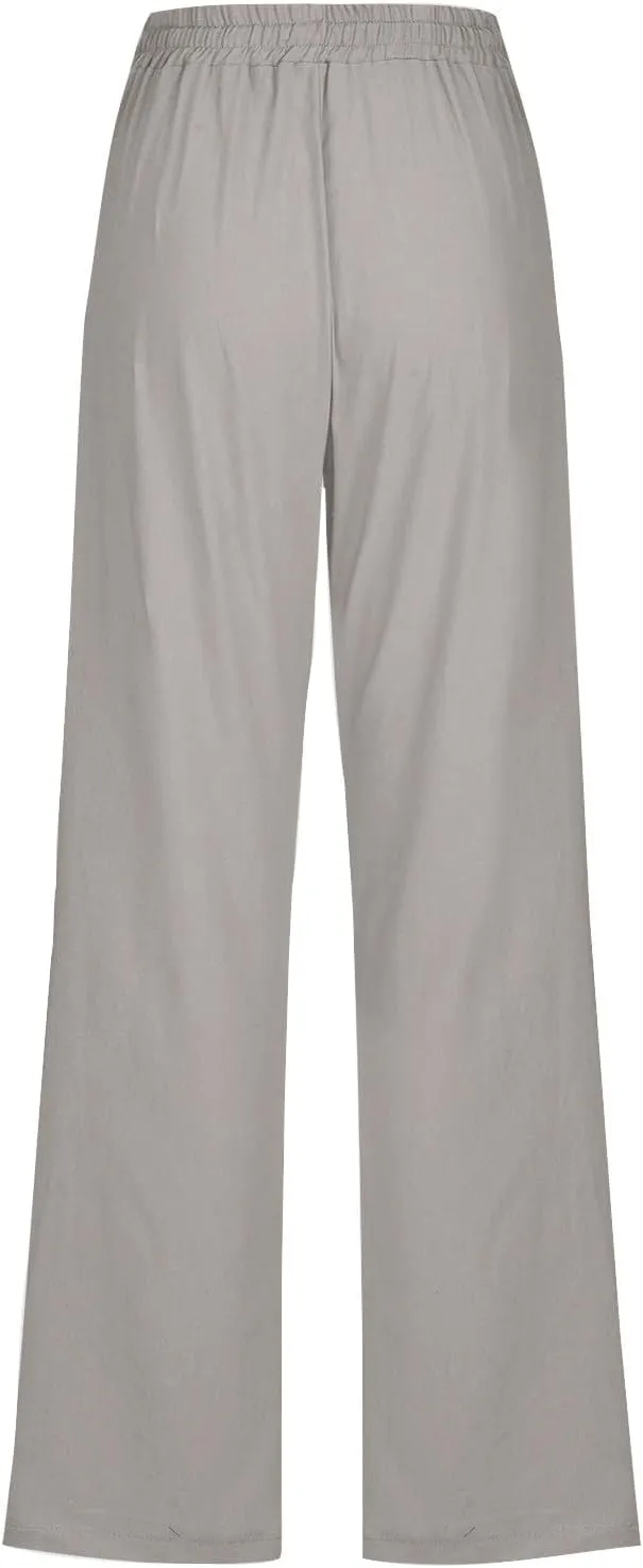 Womens Linen Pants Casual Loose Elastic Waist Drawstring Trousers Trendy Straight Leg Lounge Pants with Pockets