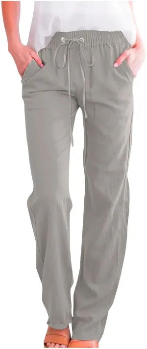 Womens Linen Pants Casual Loose Elastic Waist Drawstring Trousers Trendy Straight Leg Lounge Pants with Pockets