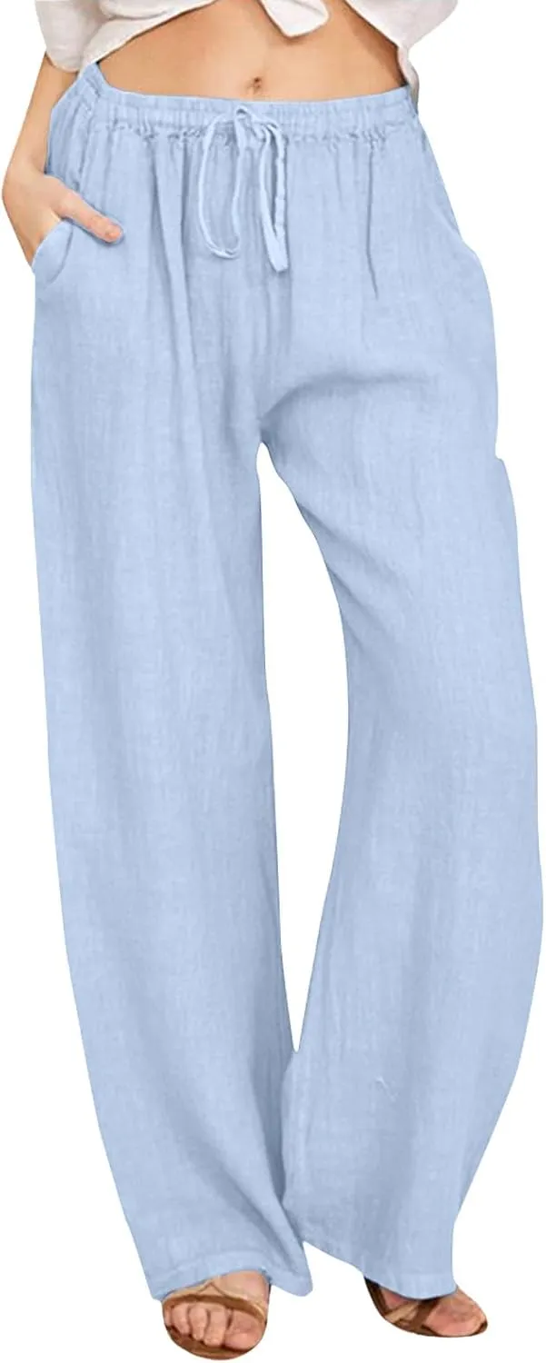 Women's Linen Pants Summer Casual Flowy Palazzo Pants Beach Baggy Wide Leg Drawstring Trousers with Pockets