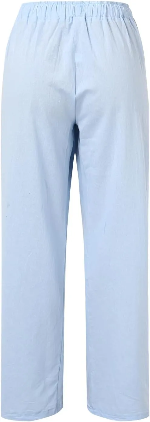 Women's Linen Pants Summer Casual Flowy Palazzo Pants Beach Baggy Wide Leg Drawstring Trousers with Pockets