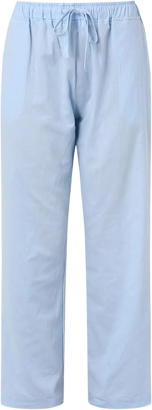 Women's Linen Pants Summer Casual Flowy Palazzo Pants Beach Baggy Wide Leg Drawstring Trousers with Pockets