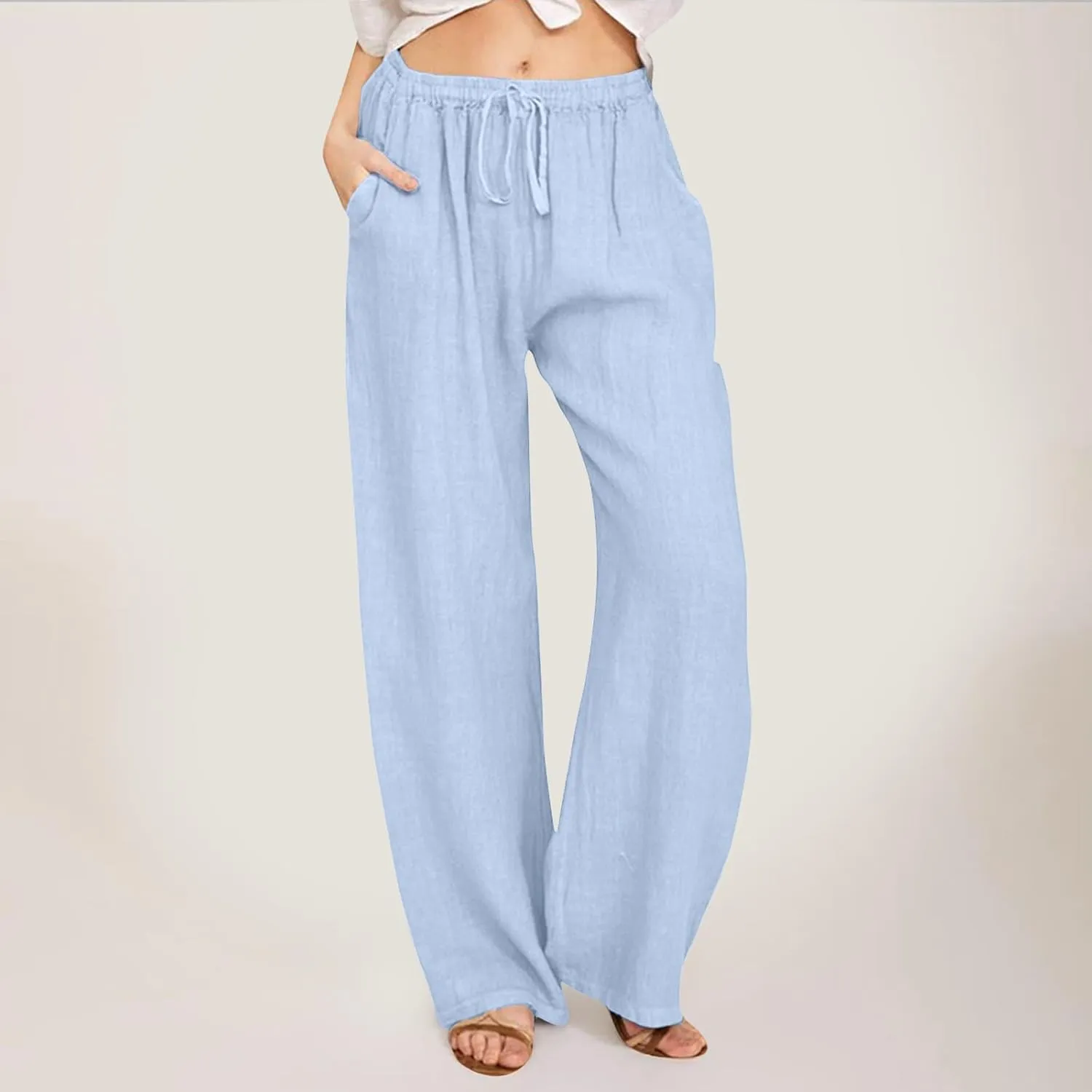 Women's Linen Pants Summer Casual Flowy Palazzo Pants Beach Baggy Wide Leg Drawstring Trousers with Pockets