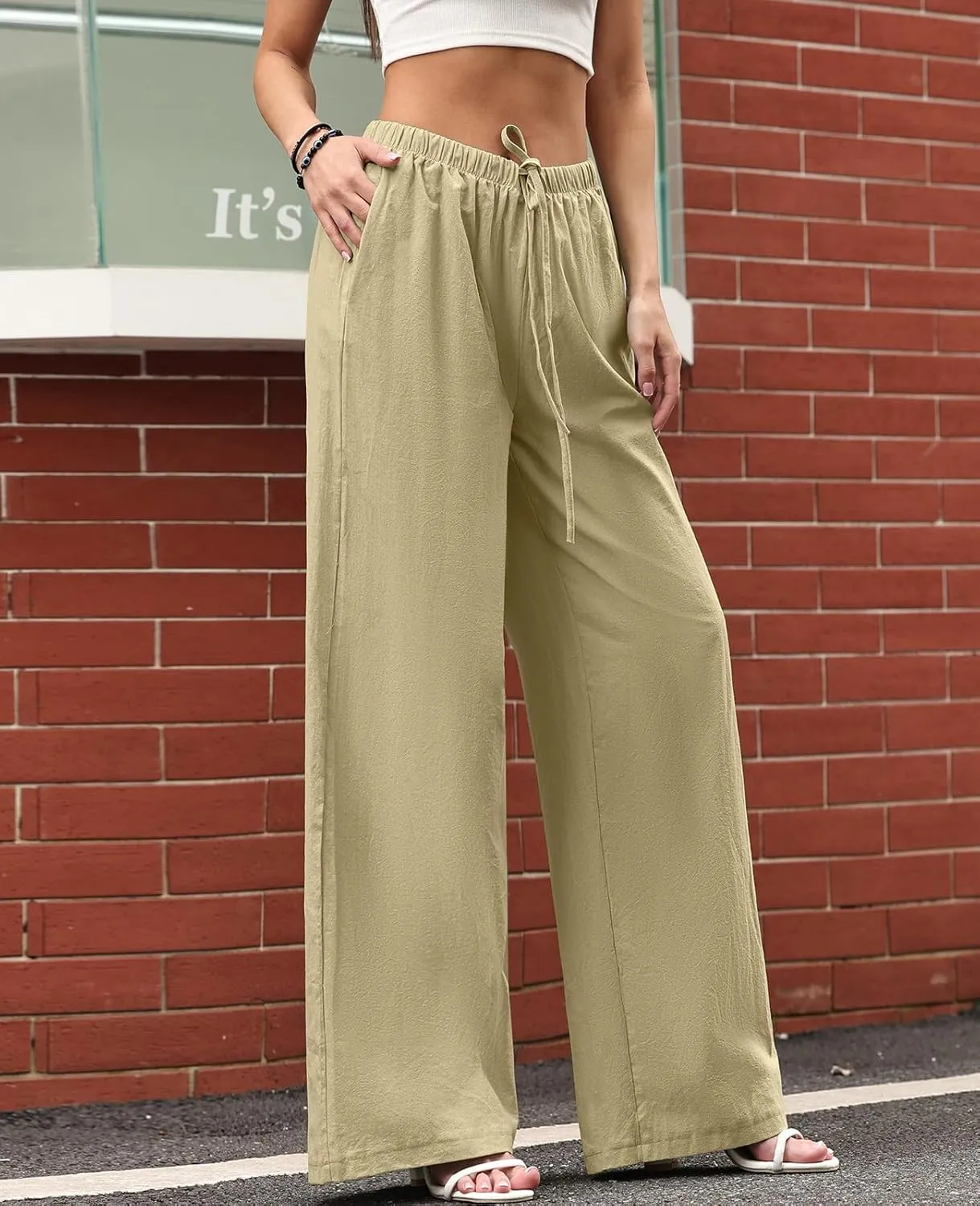 Women's Linen Summer Palazzo Pants Casual Loose Flowy Wide Leg Beach Pants with Pockets