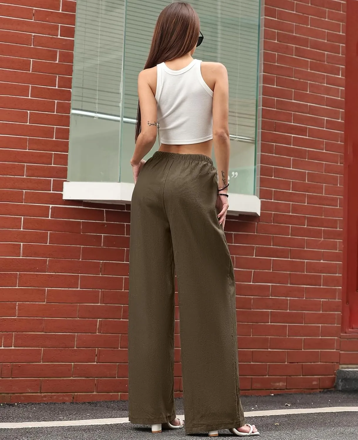 Women's Linen Summer Palazzo Pants Casual Loose Flowy Wide Leg Beach Pants with Pockets