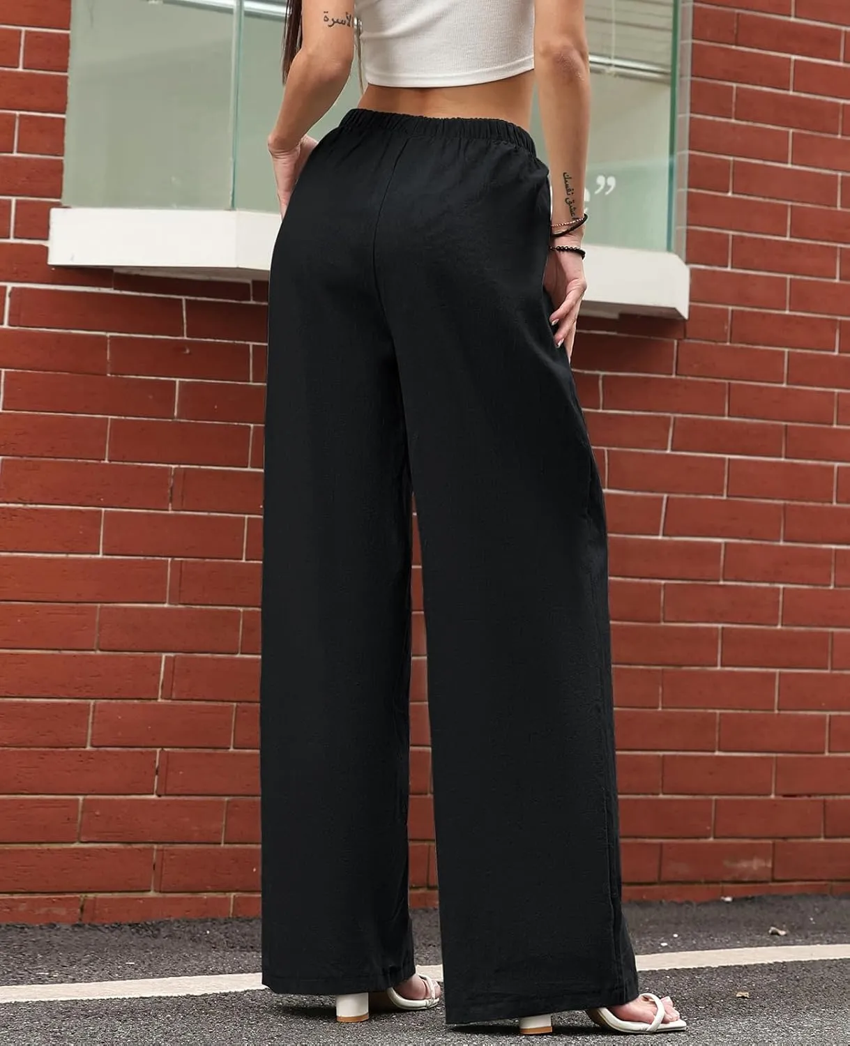 Women's Linen Summer Palazzo Pants Casual Loose Flowy Wide Leg Beach Pants with Pockets