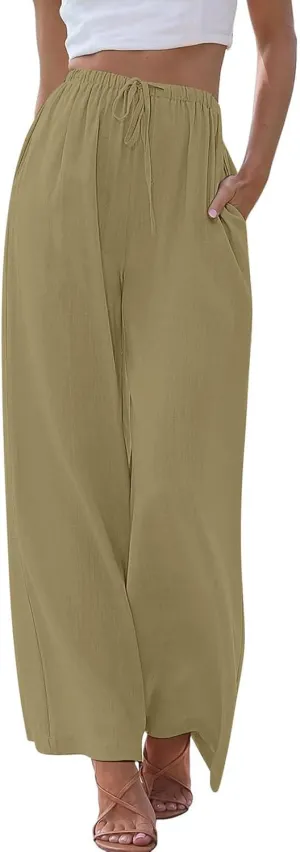 Women's Linen Summer Palazzo Pants Casual Loose Flowy Wide Leg Beach Pants with Pockets
