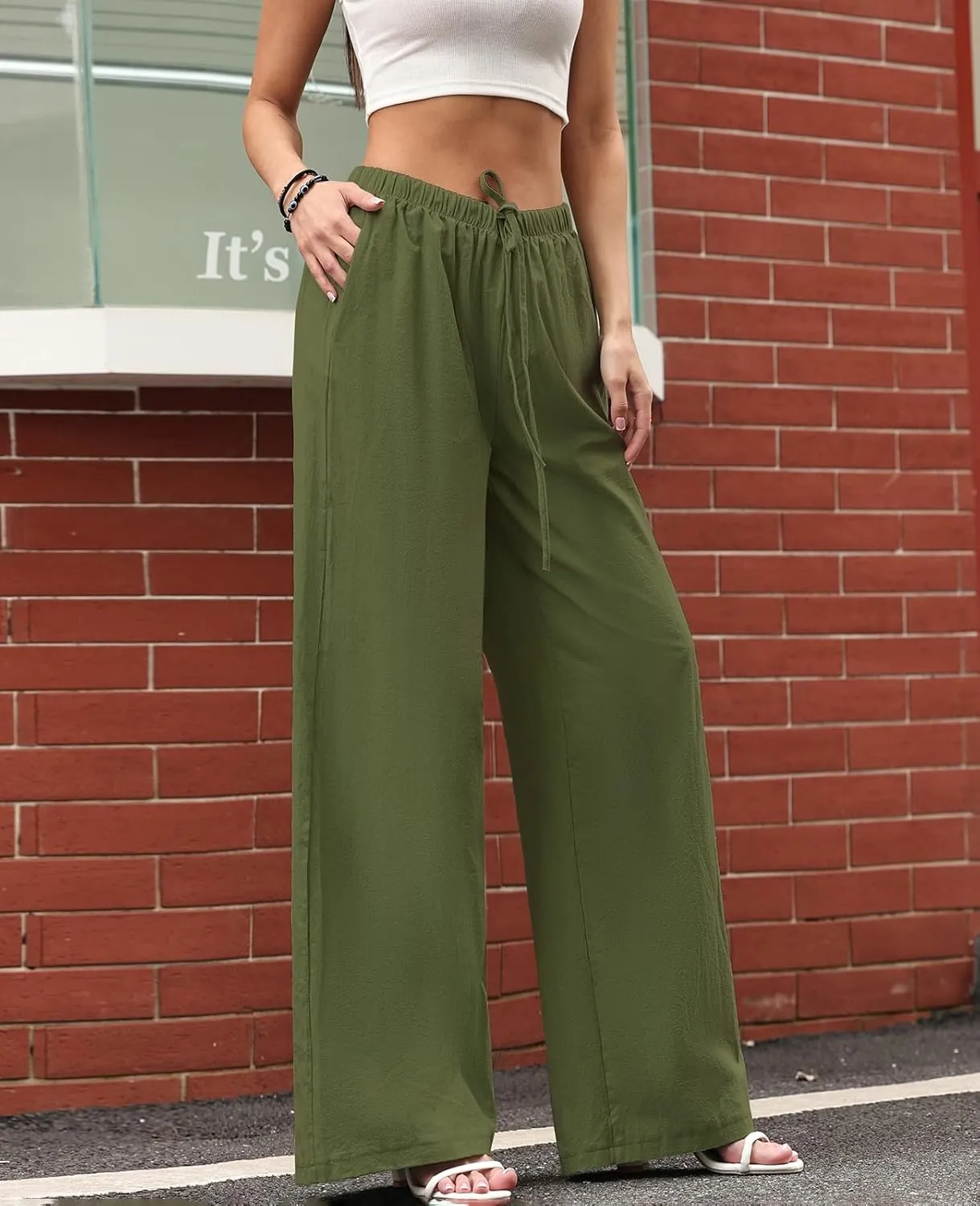 Women's Linen Summer Palazzo Pants Casual Loose Flowy Wide Leg Beach Pants with Pockets