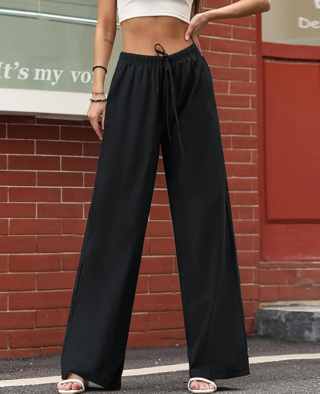 Women's Linen Summer Palazzo Pants Casual Loose Flowy Wide Leg Beach Pants with Pockets
