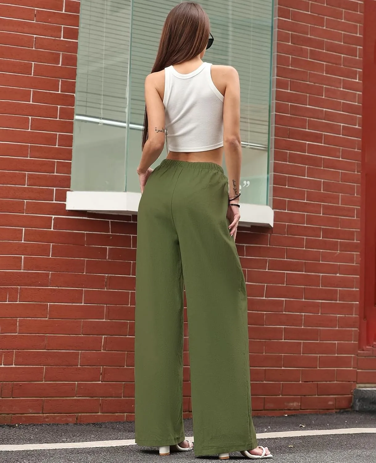 Women's Linen Summer Palazzo Pants Casual Loose Flowy Wide Leg Beach Pants with Pockets