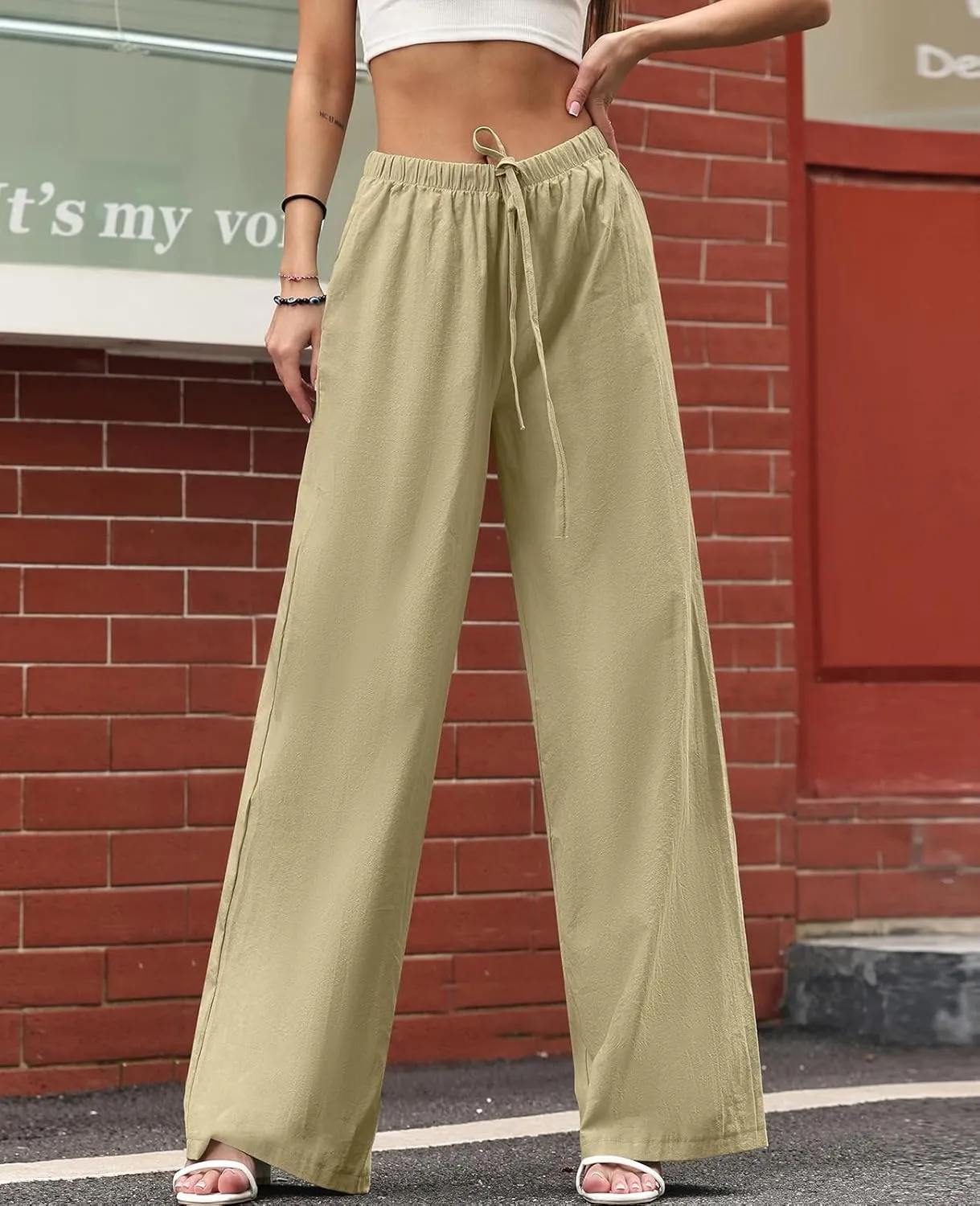 Women's Linen Summer Palazzo Pants Casual Loose Flowy Wide Leg Beach Pants with Pockets
