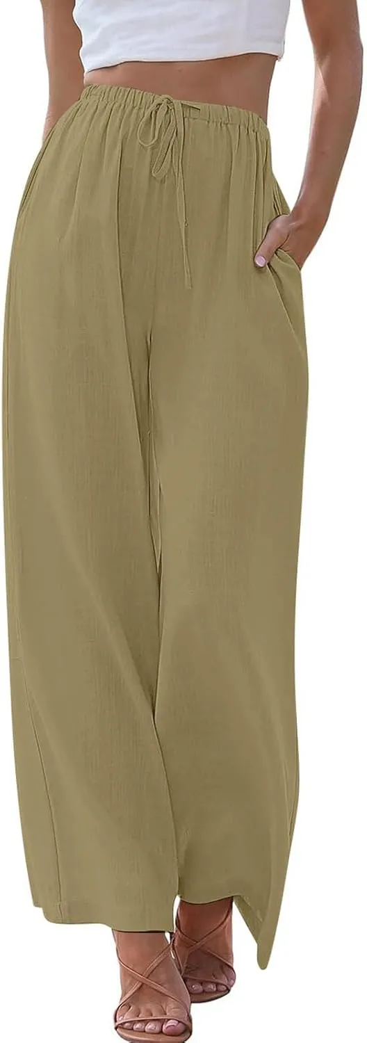 Women's Linen Summer Palazzo Pants Casual Loose Flowy Wide Leg Beach Pants with Pockets