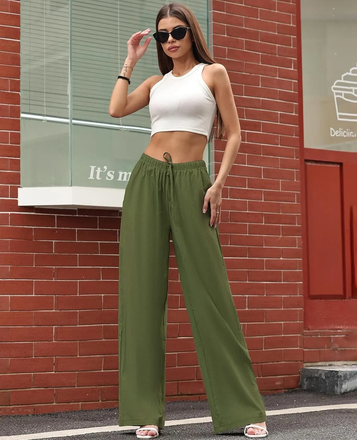 Women's Linen Summer Palazzo Pants Casual Loose Flowy Wide Leg Beach Pants with Pockets