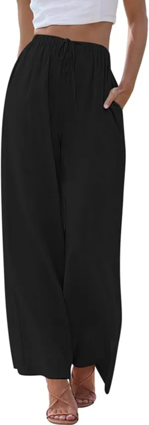Women's Linen Summer Palazzo Pants Casual Loose Flowy Wide Leg Beach Pants with Pockets