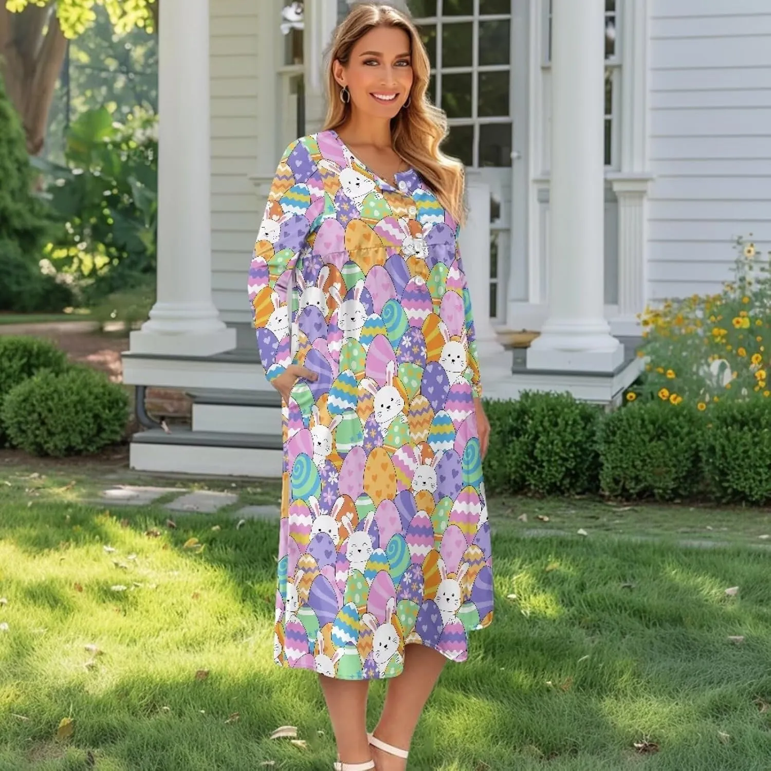 Women's Long Sleeve Oversized Maxi Dress Button Up Casual Style Loose Fall Vacation Dresses with Pockets