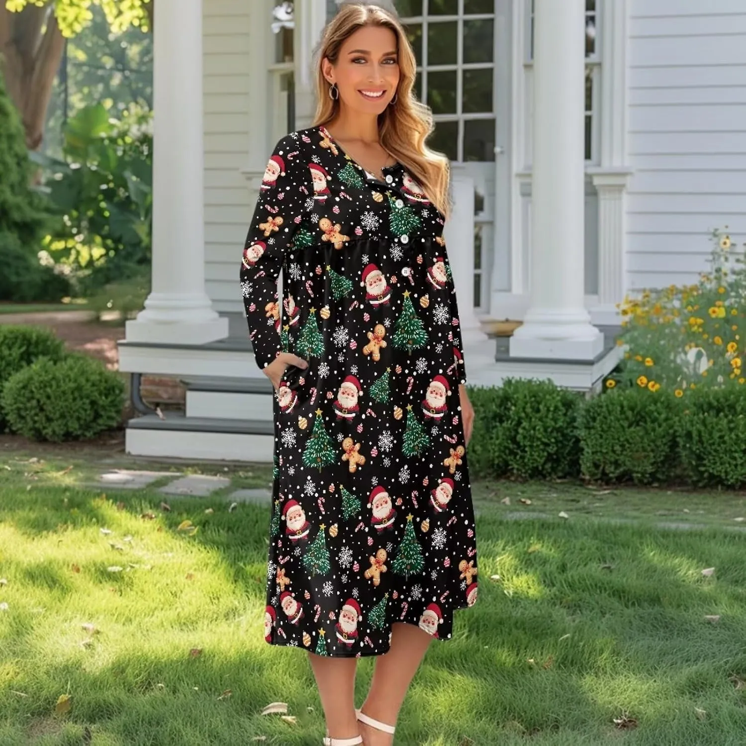Women's Long Sleeve Oversized Maxi Dress Button Up Casual Style Loose Fall Vacation Dresses with Pockets