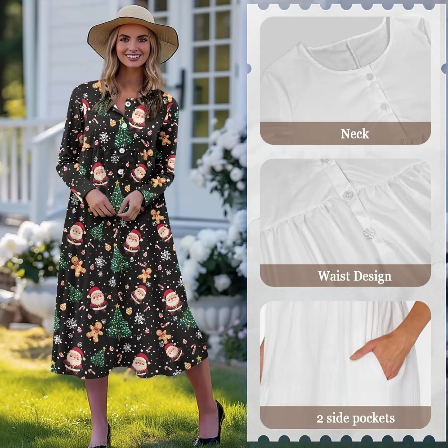Women's Long Sleeve Oversized Maxi Dress Button Up Casual Style Loose Fall Vacation Dresses with Pockets