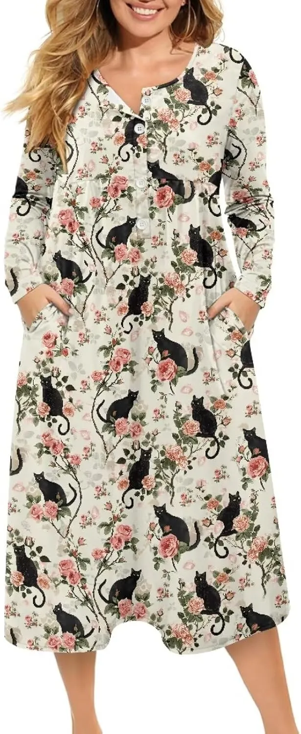 Women's Long Sleeve Oversized Maxi Dress Button Up Casual Style Loose Fall Vacation Dresses with Pockets