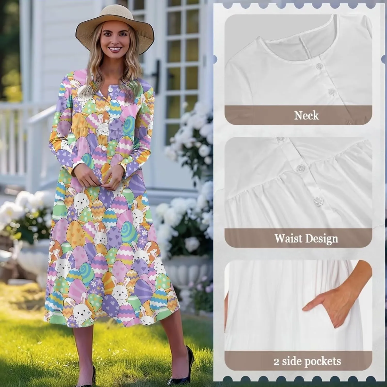 Women's Long Sleeve Oversized Maxi Dress Button Up Casual Style Loose Fall Vacation Dresses with Pockets