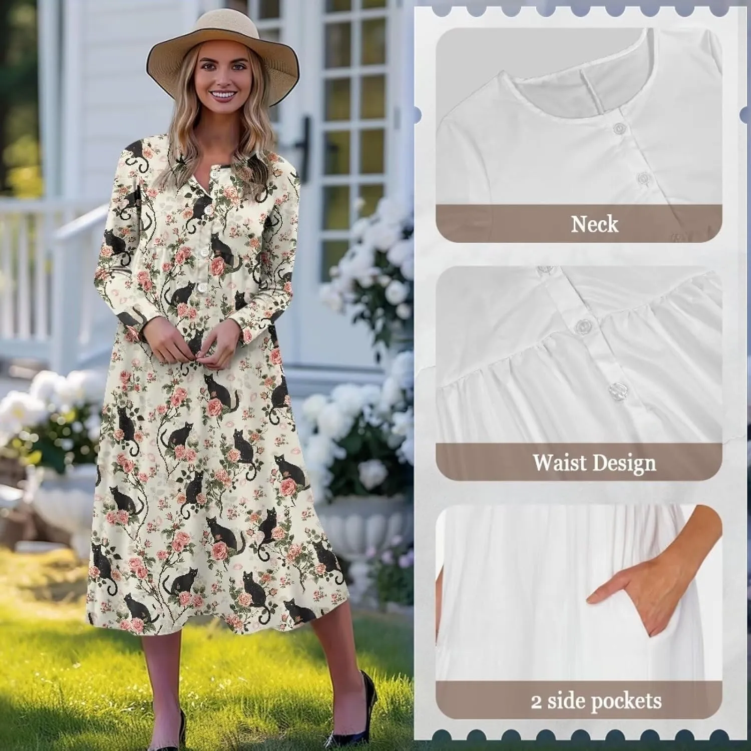 Women's Long Sleeve Oversized Maxi Dress Button Up Casual Style Loose Fall Vacation Dresses with Pockets
