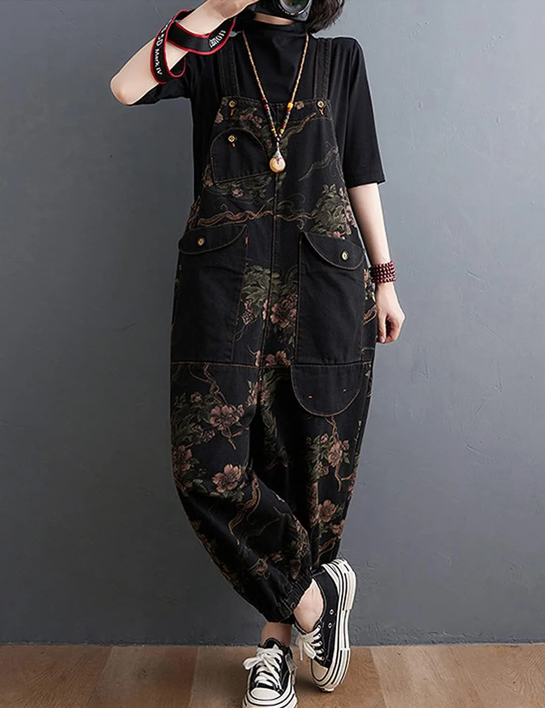 Women's Loose Baggy Overalls Denim Printed Bib Drop Crotch Cotton Wide Leg Jumpsuit Harem Pants