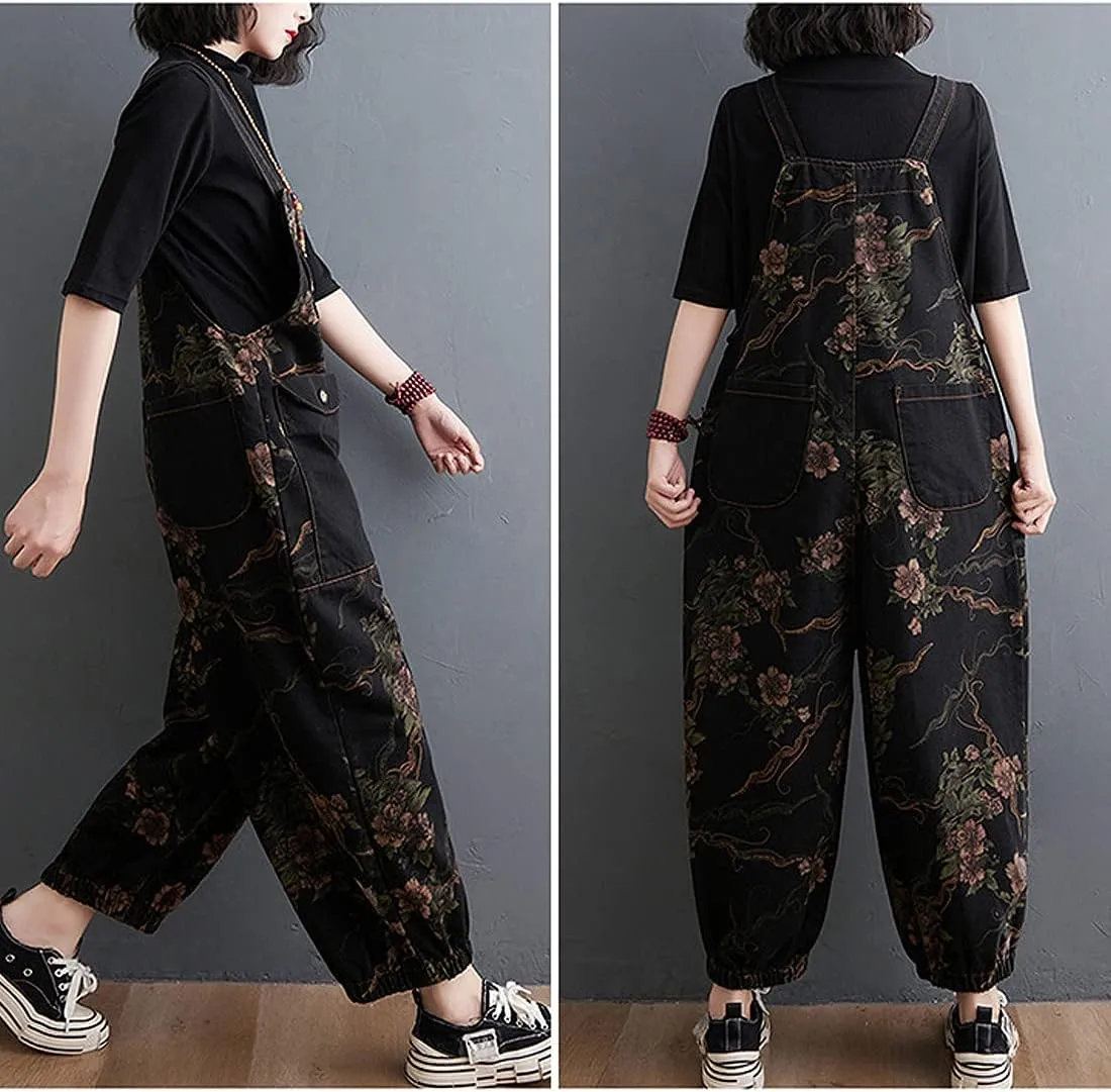Women's Loose Baggy Overalls Denim Printed Bib Drop Crotch Cotton Wide Leg Jumpsuit Harem Pants